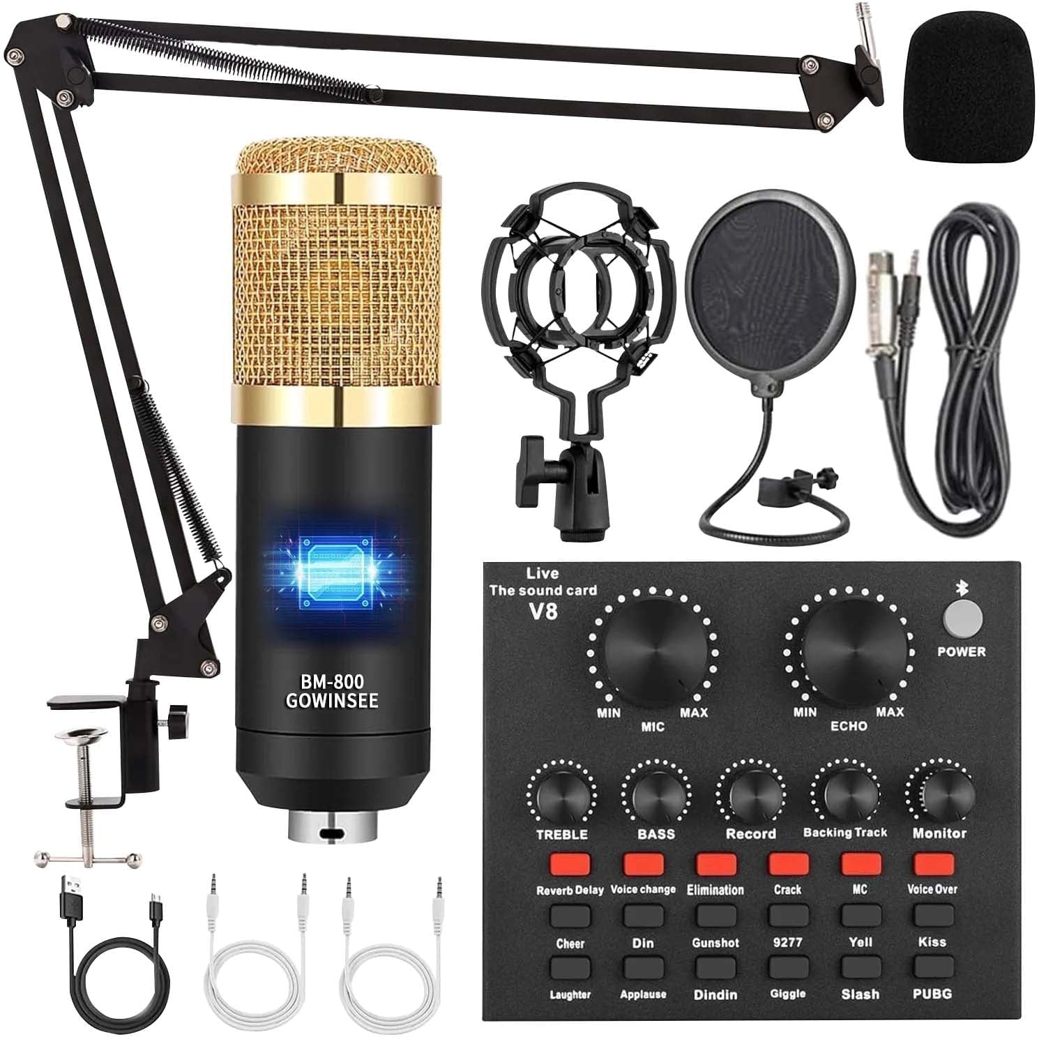 Enroslu Podcast Equipment Bundle, BM-800 Recording Studio Package with Voice Changer, Audio Interface with Sound Card and Condenser Microphone, Perfect for Recording, Broadcasting, Live