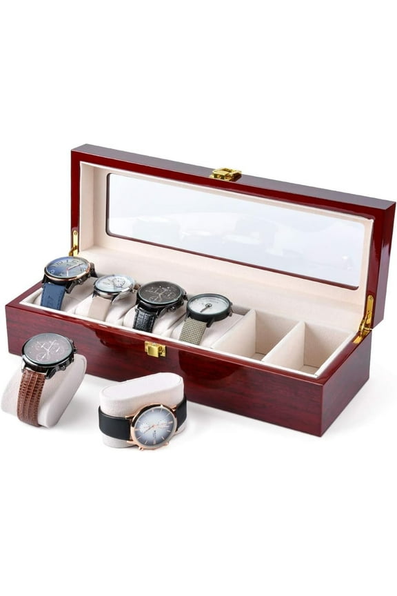 Premium Watch Box for Men Made of 100% Real Wood with Space for 6 Large Watches - Elegant Wooden Storage Box with Glass Window