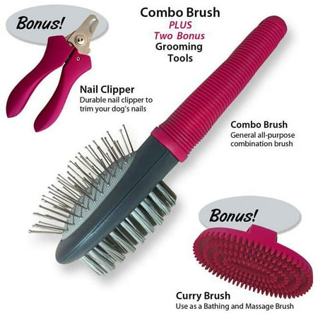 Enrych 1069 Combo Brush, Nail Clipper & Curry Brush Grooming Set for All Dogs