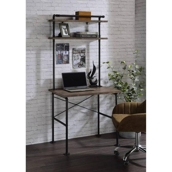 Ensata Rustic Oak & Black Writing Desk Industrial Style, Spacious Storage, Home Office