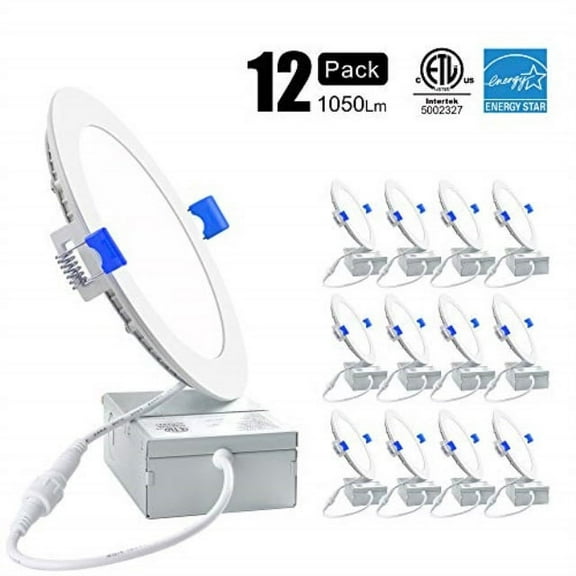 ensenior 12 pack 6 inch ultra-thin led recessed ceiling light with junction box, 5000k daylight, 12w 110w eqv, dimmable can-killer downlight, 1050lm high brightness - etl and energy star certified