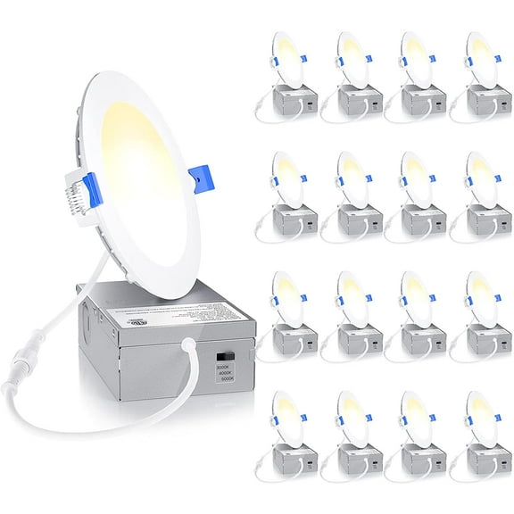 Ensenior 16 Pack Ultra-Thin LED Recessed Lighting 4 Inch 3CCT with Junction Box, 3000K/4000K/5000K Selectable, 9W 75W Eqv, Dimmable Can-Killer Downlight, 750LM High Brightness - ETL&Energy Star 4 Inch 5000k/4000k/3000k - 3cct White