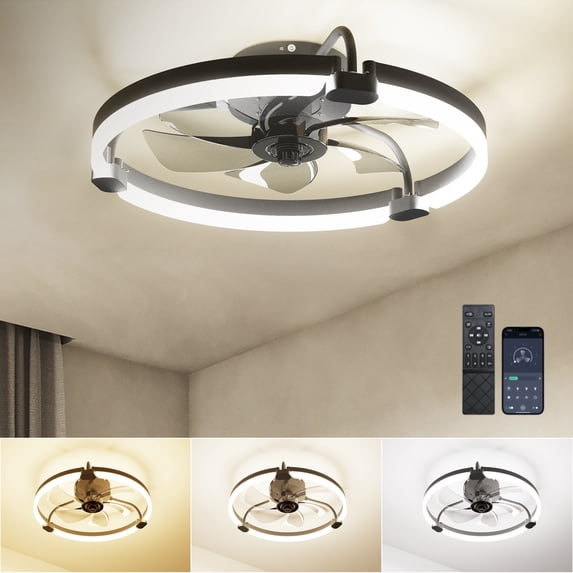 Ensenior 20'' Low Profile Ceiling Fans with Lights and Remote, Fandelier Ceiling Fan Flush Mount, APP Control, 6 Speed & 3000K-6500K Stepless Dimmable Small Ceiling Fan with Light for Bedroom - Black