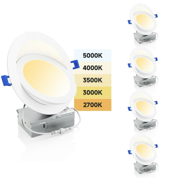 Ensenior 4 Pack 6 inch 5CCT Gimbal LED Recessed Lighting with Junction Box, 360°+90° Adjustable Directional Eyeball Light, Dimmable, 2700K/3000K/3500K/4000K/5000K Selectable, 1300LM, 13W=115W-FCC