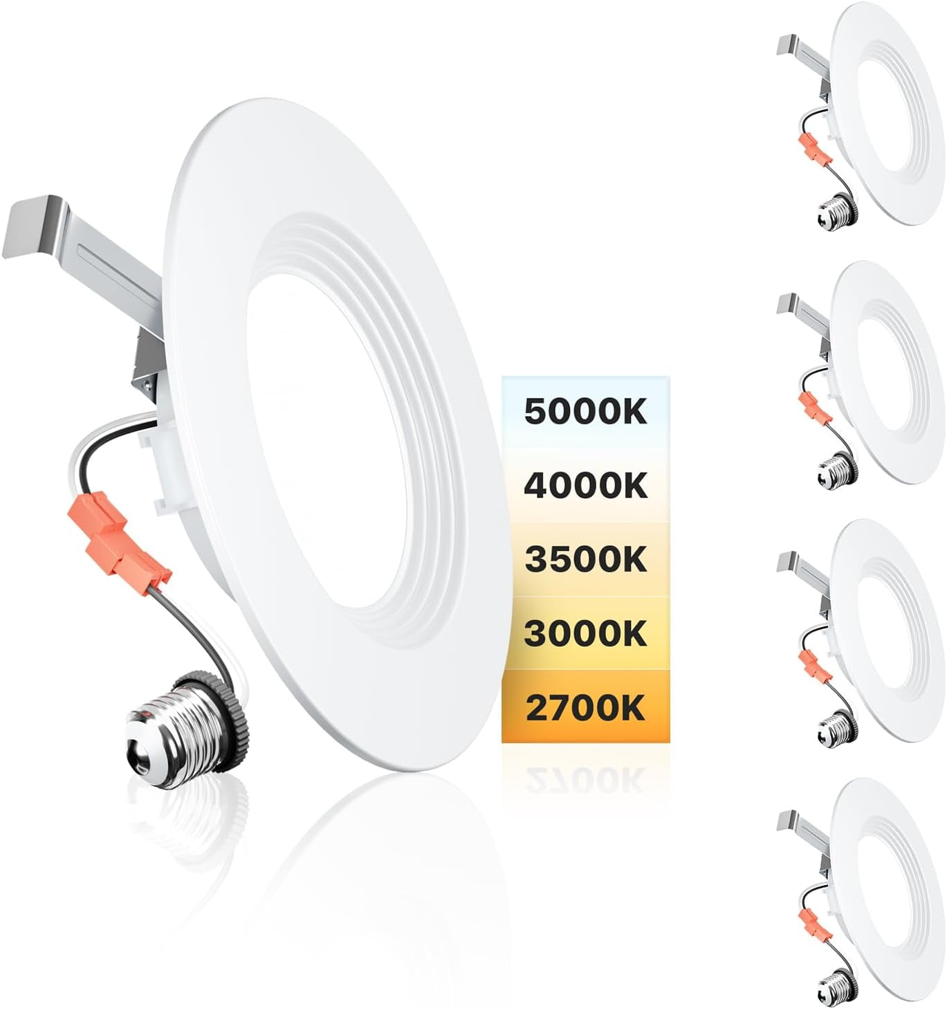 Ensenior 5/6 Inch 5CCT LED Can Lights 4 Pack, Retrofit Led Recessed Lighting, Baffle Trim, Dimmable, 9W=110W, 1000LM, 2700K/3000K/3500K/4000K/5000K Selectable, IC Rated - ETL & FCC