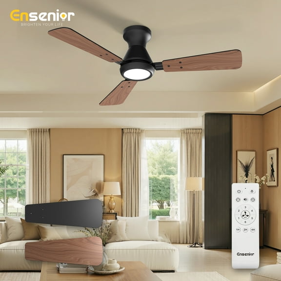 Ensenior Ceiling Fans with Lights, 42 inch Low Profile Ceiling Fan with Light and Remote, Flush Mount, 3CCT, Reversible Motor, Noiseless, Modern Ceiling Fan for Bedroom and Living Room - Black