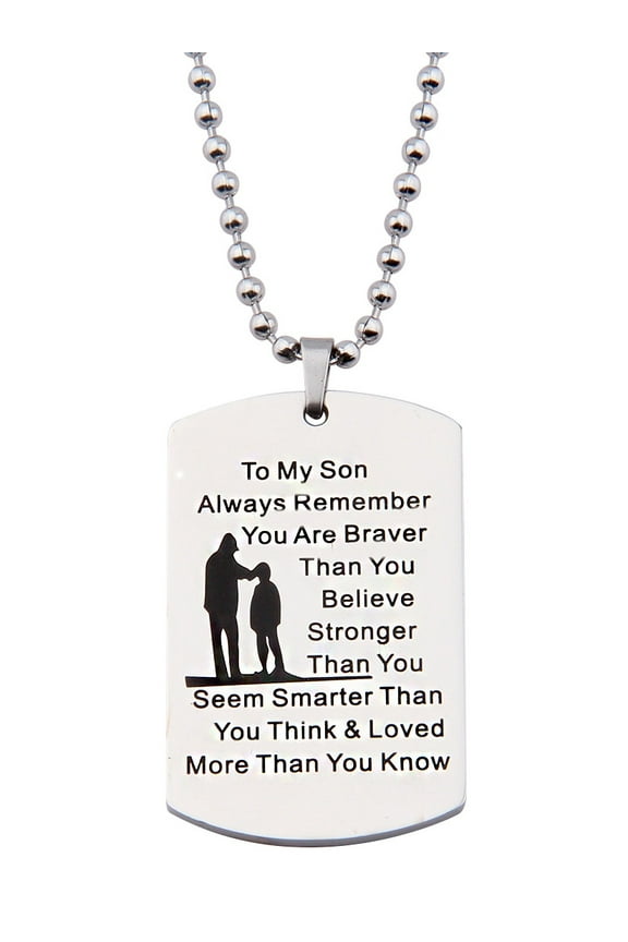 Ensianth To My Son Jewelry Remember You Are Always Braver Than You Believe Hand Stamped Dog Tag Necklace and Keychain