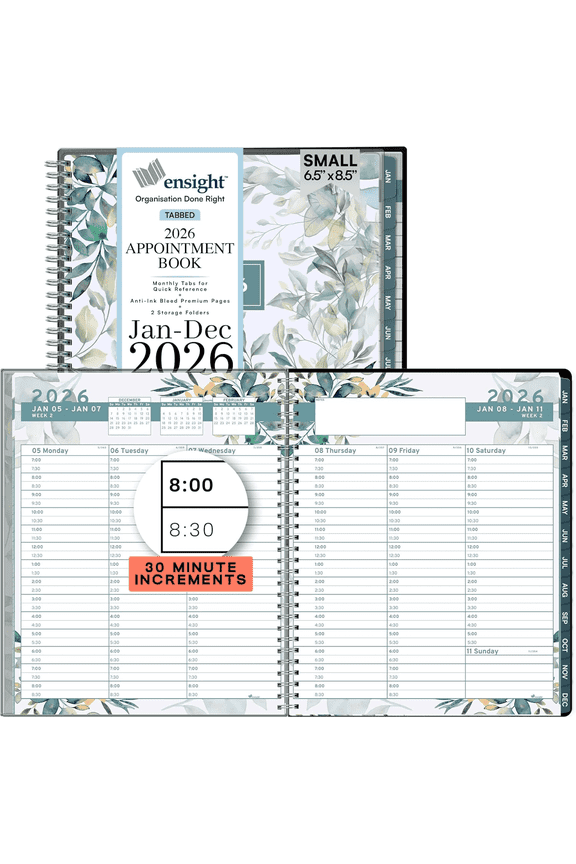 2026 Appointment Book and Planner 6.5" x 8.5" Large Hourly Weekly Daily Schedule Book with Tabs, 30 Minute Time Slots, Floral Calendar Organizer Jan 2026Dec 2026 Appointment Planner - Floral