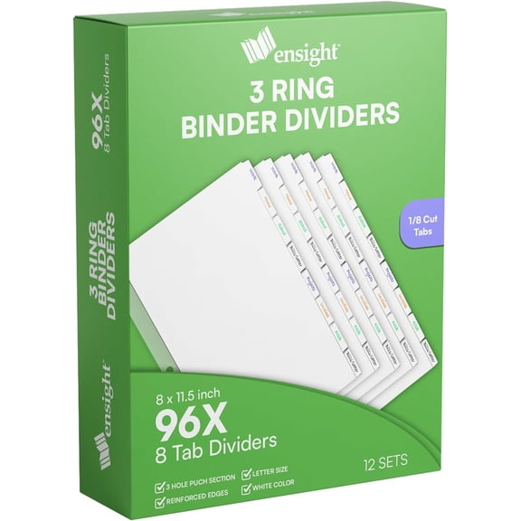 Ensight 3-Ring Binder Dividers - Customizable, Printable & Rewritable Tabs - Decorative Separator Set with 1/8 Cut Tabs - 96/Box-White