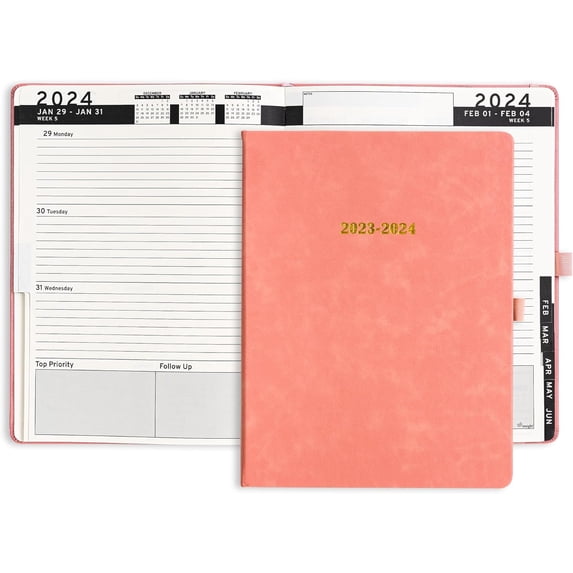 Ensight Academic & Business Planner - Leather Hardcover - Weekly/Monthly - Pen Holder, Bookmark, Thick Paper (Pink)