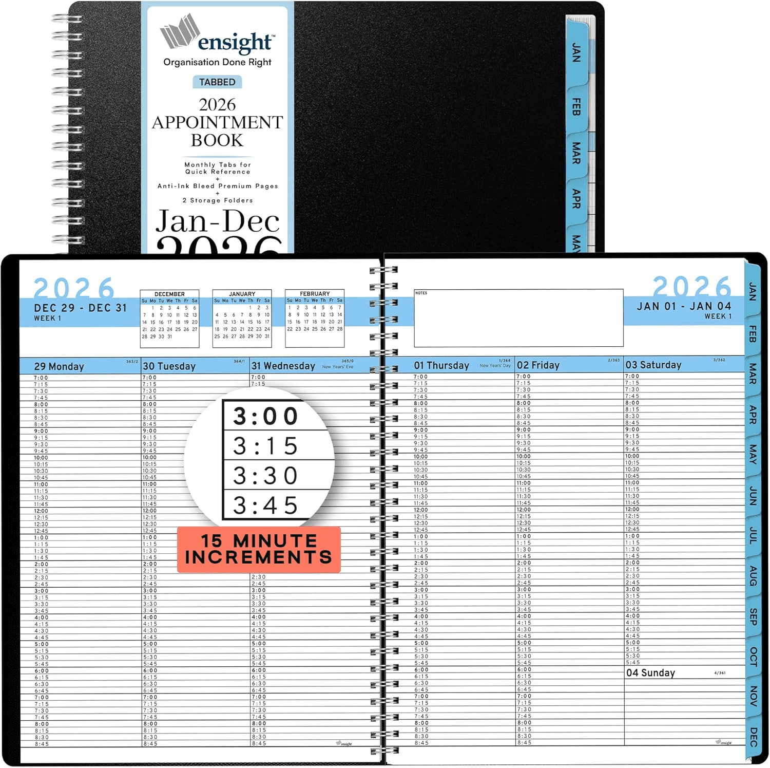 Ensight 2026 Appointment Book and Planner 8.5" x 11" Large Hourly Weekly Daily Schedule Book with Tabs, 15 Minute Time Slots, Calendar Organizer Jan 2026–Dec 2026 Appointment Planner - Blue