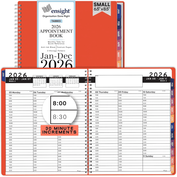 Ensight 2026 Appointment Book and Planner 6.5" x 8.5" Large Hourly Weekly Daily Schedule Book with Tabs, 30 Minute Time Slots, Peach Calendar Organizer Jan 2026–Dec 2026 Appointment Planner - Peach