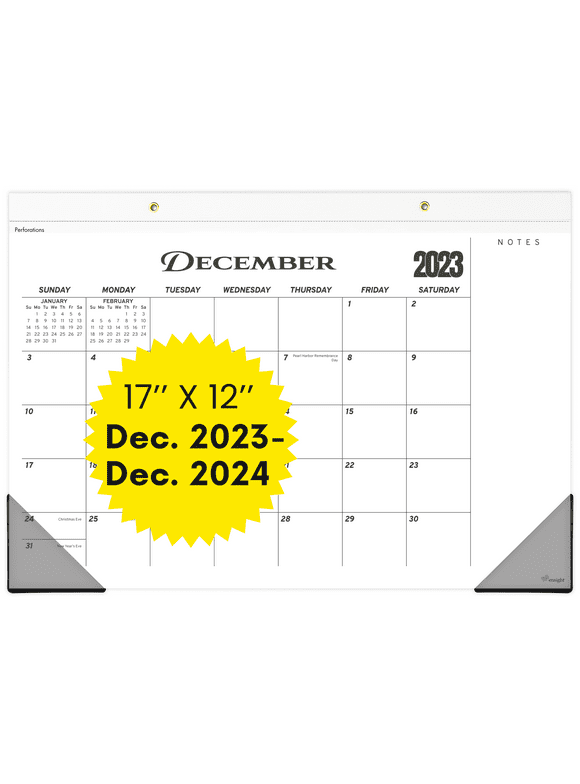 Ensight Desks Calendar 2024 - Thick Paper, Clear Protectors - Notes Section & Holidays-Black & White