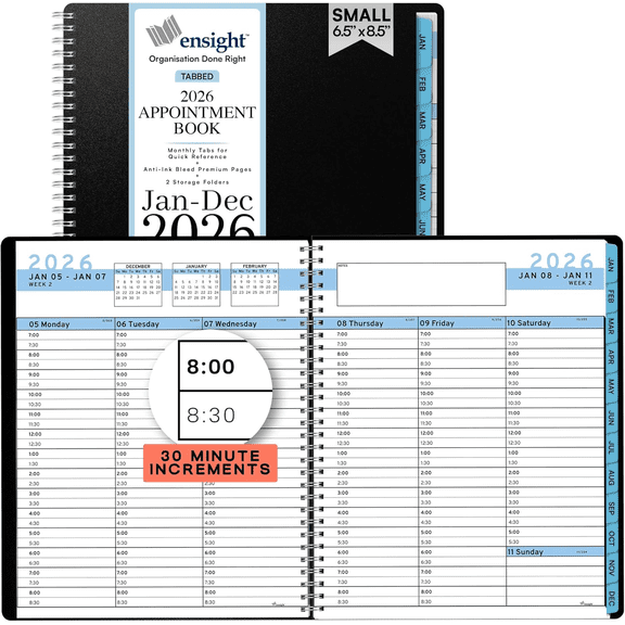 Ensight 2026 Appointment Book and Planner 6.5" x 8.5" Large Hourly Weekly Daily Schedule Book with Tabs, 30 Minute Time Slots, Blue Calendar Organizer Jan 2026–Dec 2026 Appointment Planner - Blue