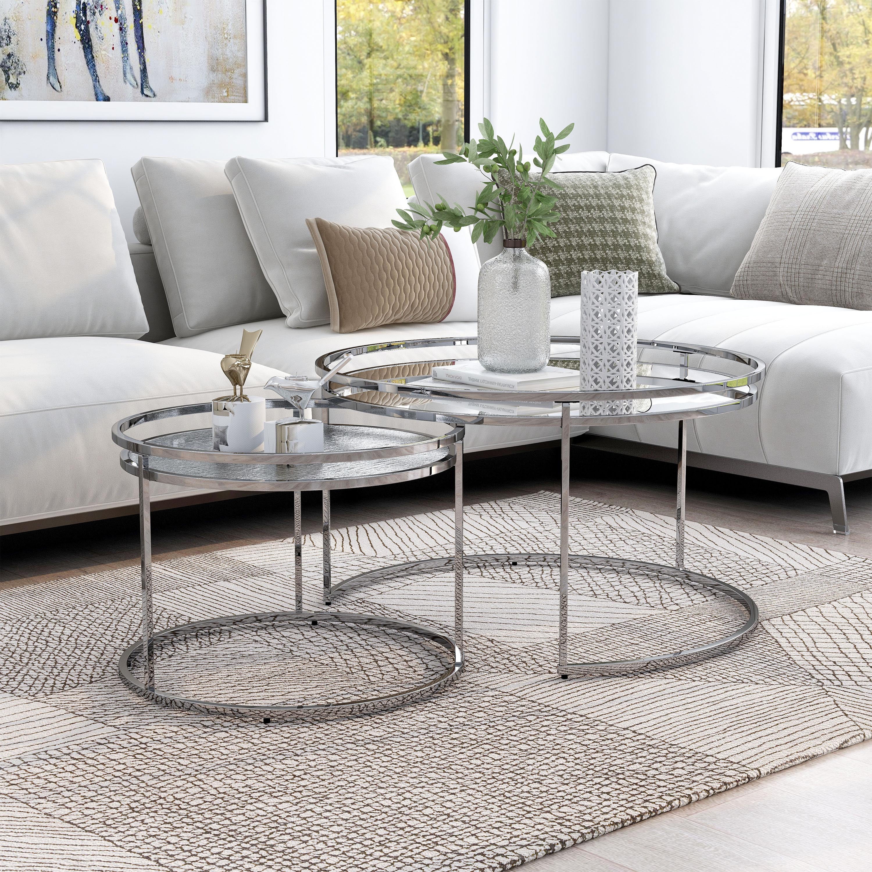 Ensigne Metal Round Nesting 2-Piece Table Set, Chrome and Clear ...