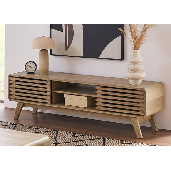 Ensley 59" TV Stand with Slatted Door, Mid Century Modern Entertainment Center for 55/60/65 inch TV, Farmhouse Media Console with Storage, Adjustable Shelves, Round Edges, Living Room (Oak)