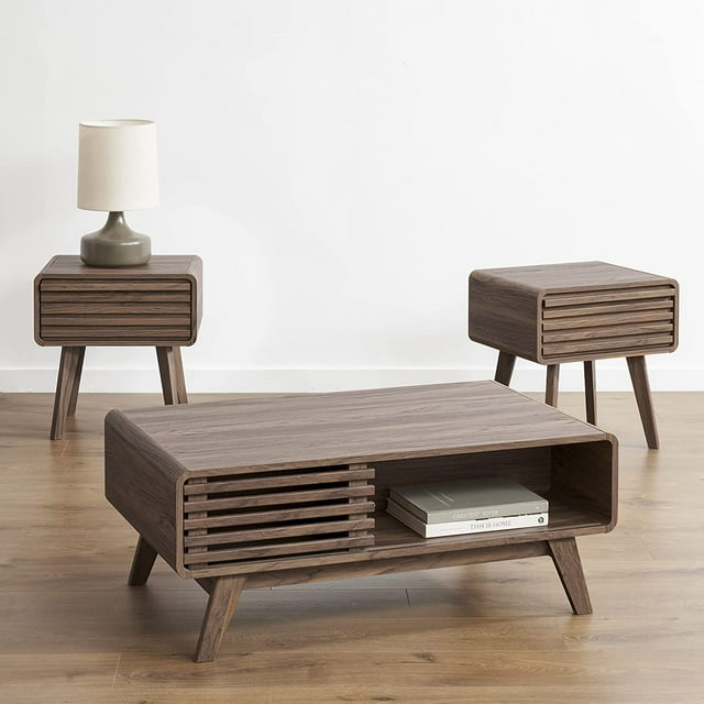 Mopio 3-Pcs Ensley Mid-Century Modern Coffee Table Set,1 Coffee Table and 2 Side Tables, Brown
