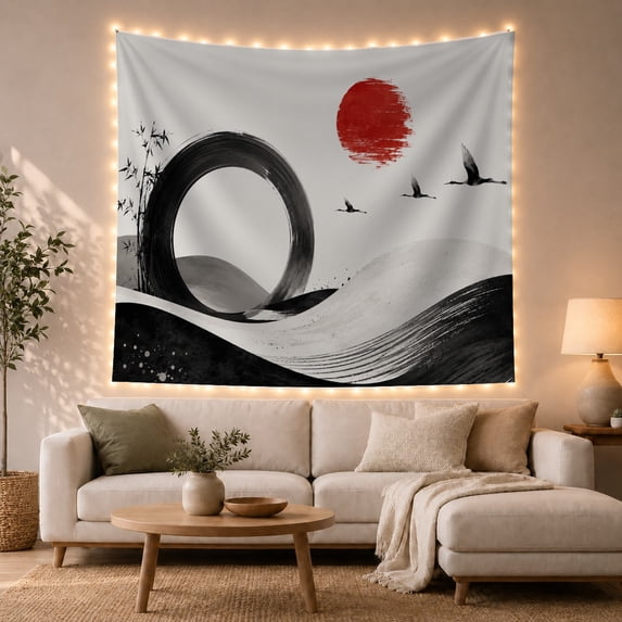 Enso Circle and Cranes in Zen Ink Wash Landscape, Serene Japanese Inspired for Nature Lovers, Asian Wall Art, Housewarming Gift Tapestry Wall Hanging for Living Room, Bedroom and Dorm