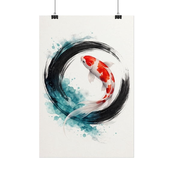 Enso Zen Circle Koi Fish Poster, Japandi Calligraphy Wall Art, Japanese Decor, Unframed Paper Poster 11x14in