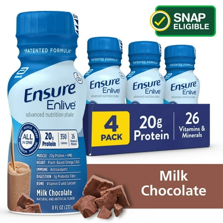 Ensure Enlive Meal Replacement Shake, 20g Protein, 350 Calories, Advanced Nutrition Protein Shake, Milk Chocolate, 8 fl. Oz., 4 Bottles