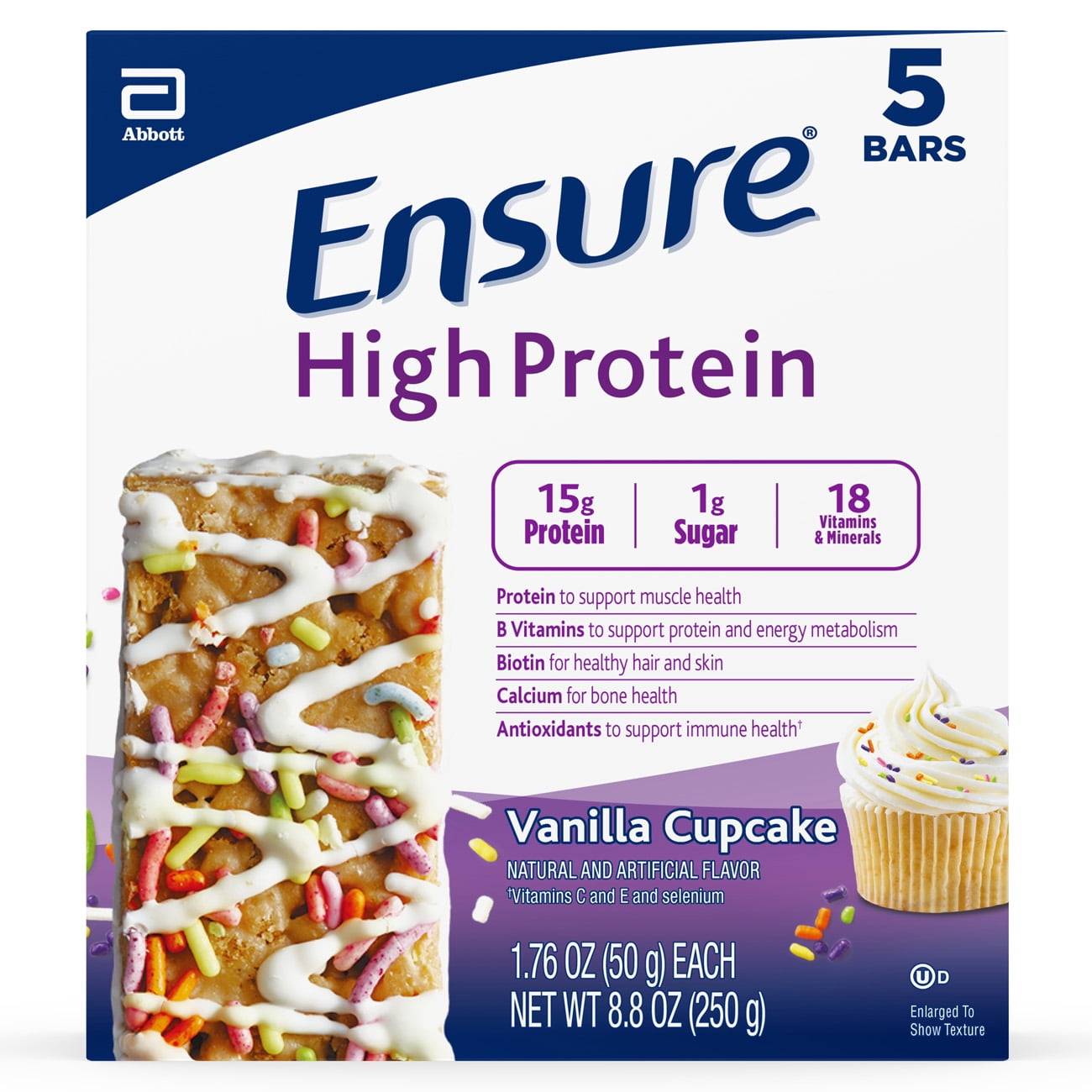 Ensure High Protein Bars, 20 Bars, On-the-Go Nutrition, 15g Protein for Muscles, Vanilla Cupcake