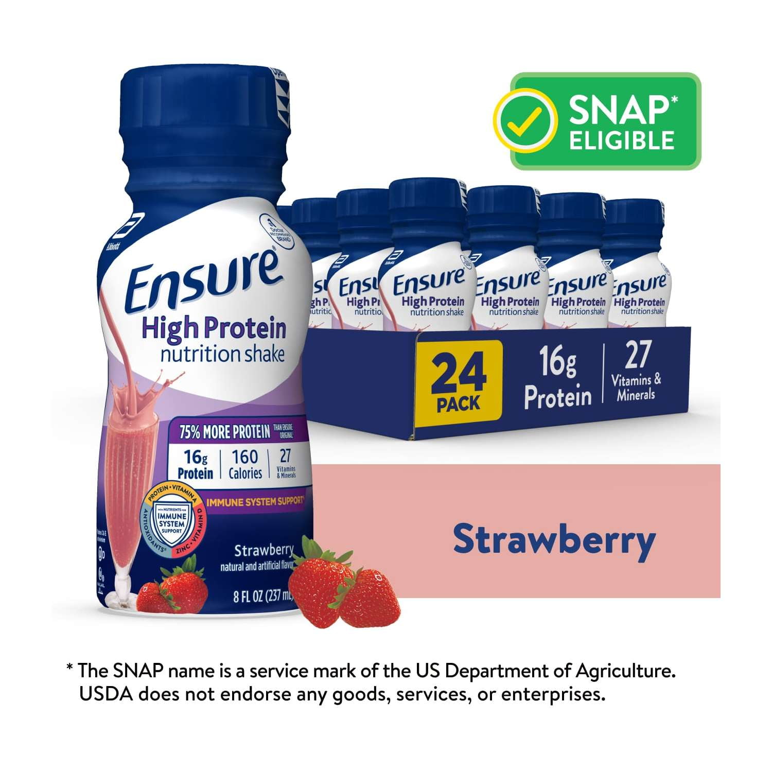 Ensure High Protein Nutrition Shake, Strawberry, 8 fl oz, 24 Count