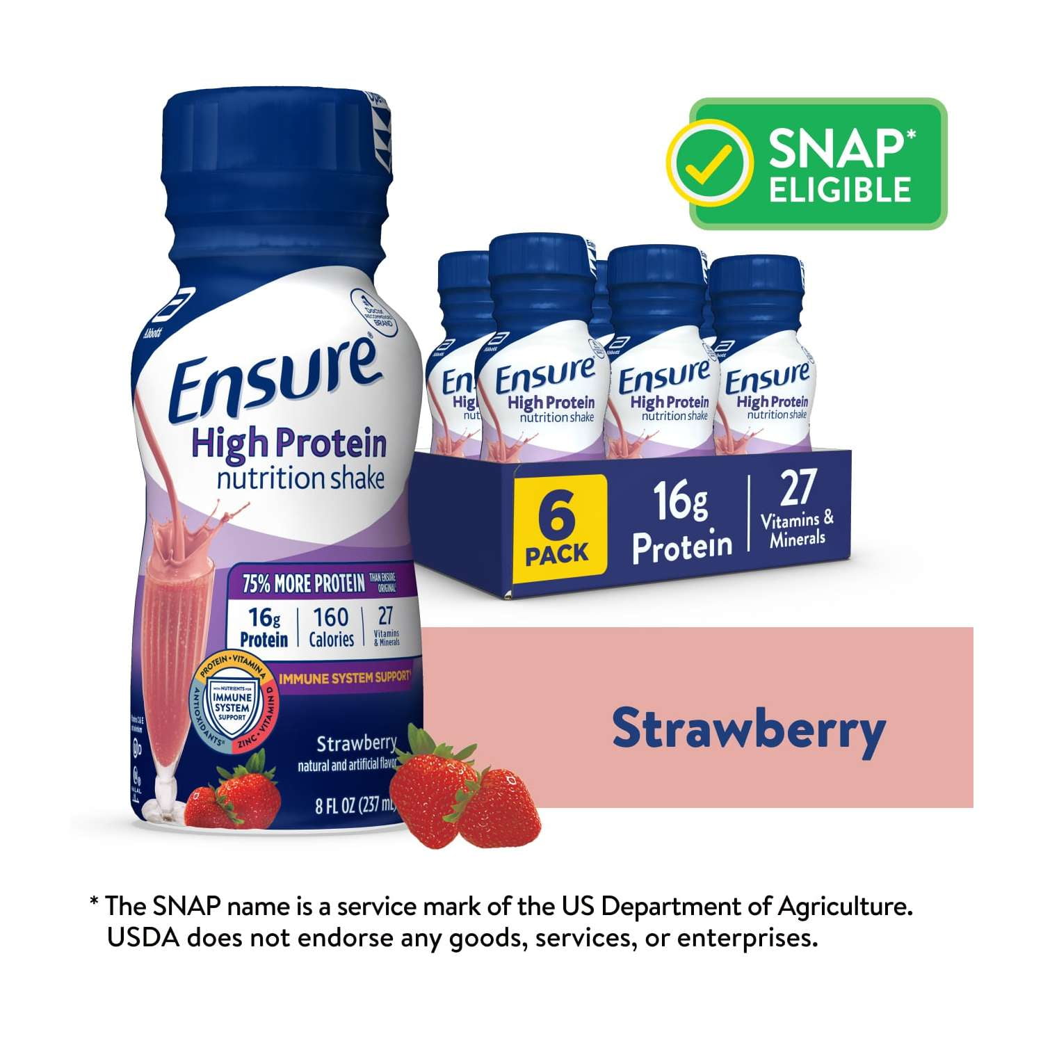 Ensure High Protein Nutrition Shake, Strawberry, 8 fl oz, 6 Count