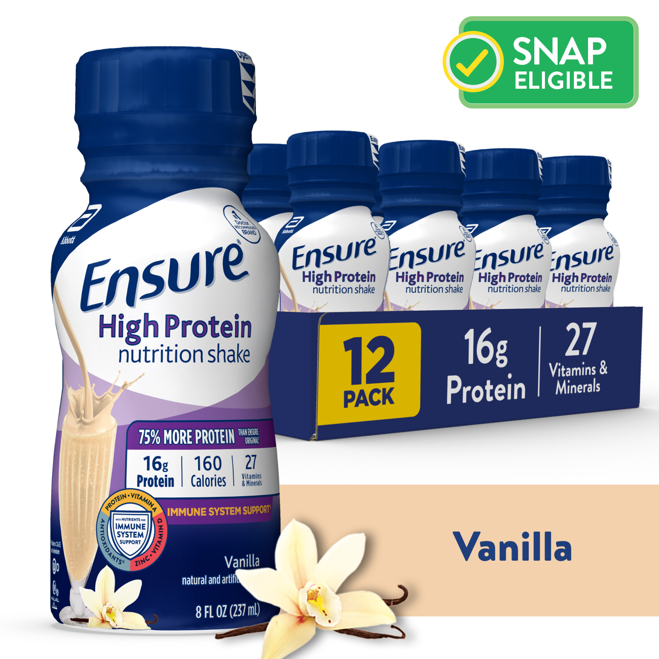 Ensure High Protein Nutrition Shake, Vanilla, 8 fl oz, 12 Count - image 1 of 14