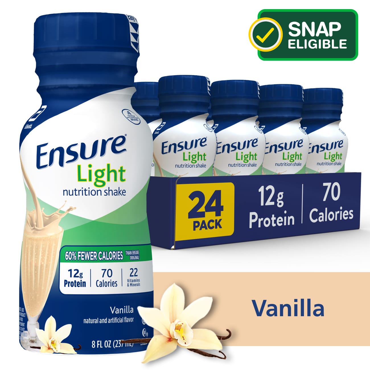 Ensure Light Nutritional Shake, 12g Protein, Vanilla, 8 fl oz, 24 count - image 1 of 12