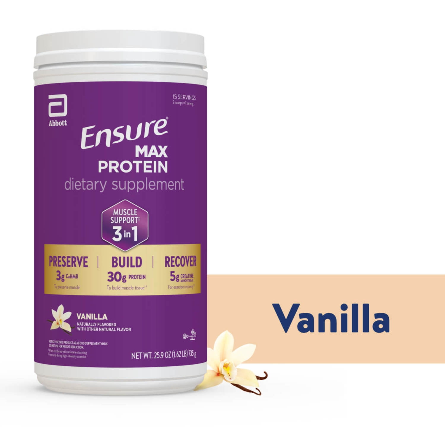 Ensure Max Protein Powder 3-in-1 Muscle Support with 30g Protein Creatine and HMB Vanilla 25.9oz