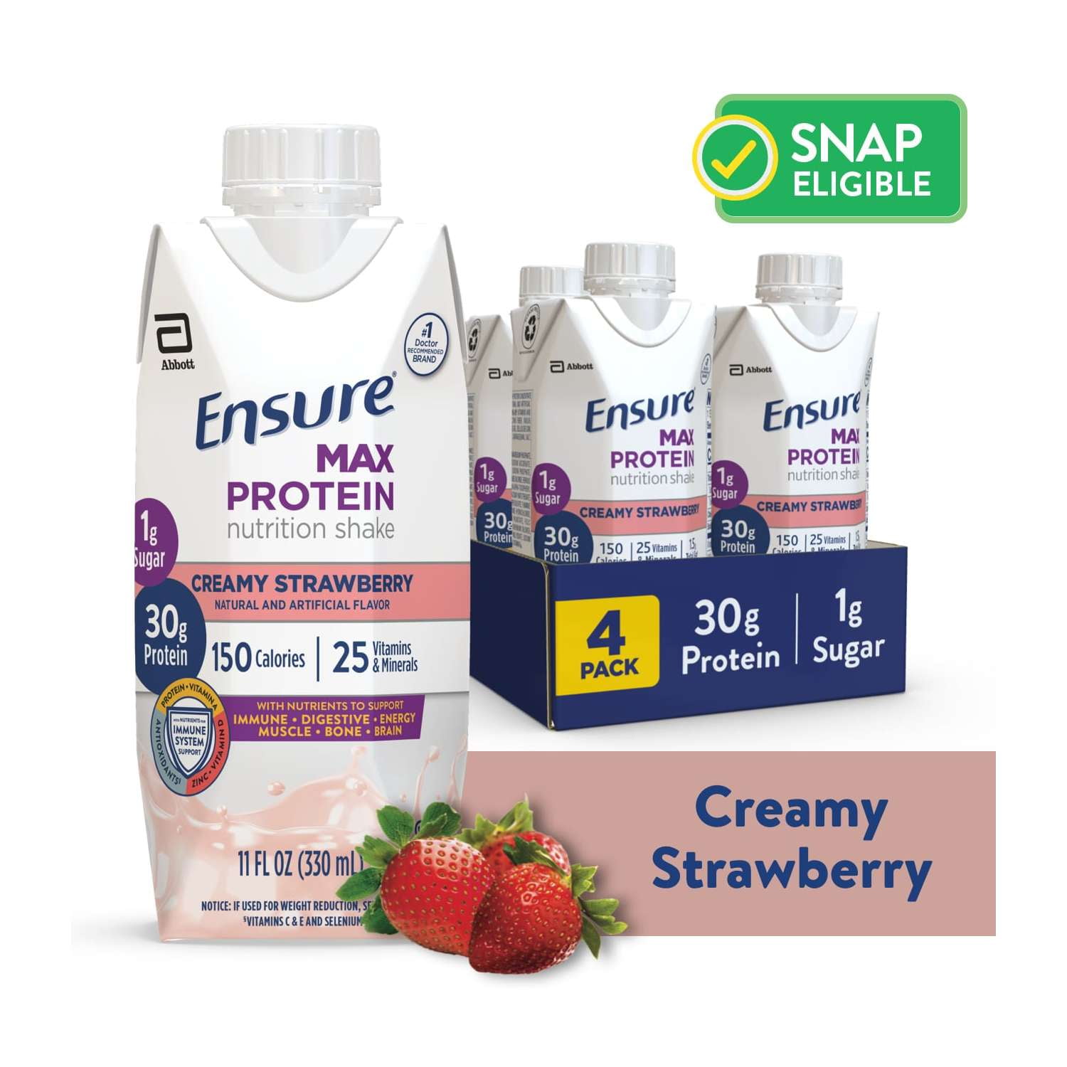 Ensure Max Protein Nutrition Shake, Creamy Strawberry, 11 fl oz, 4 Count