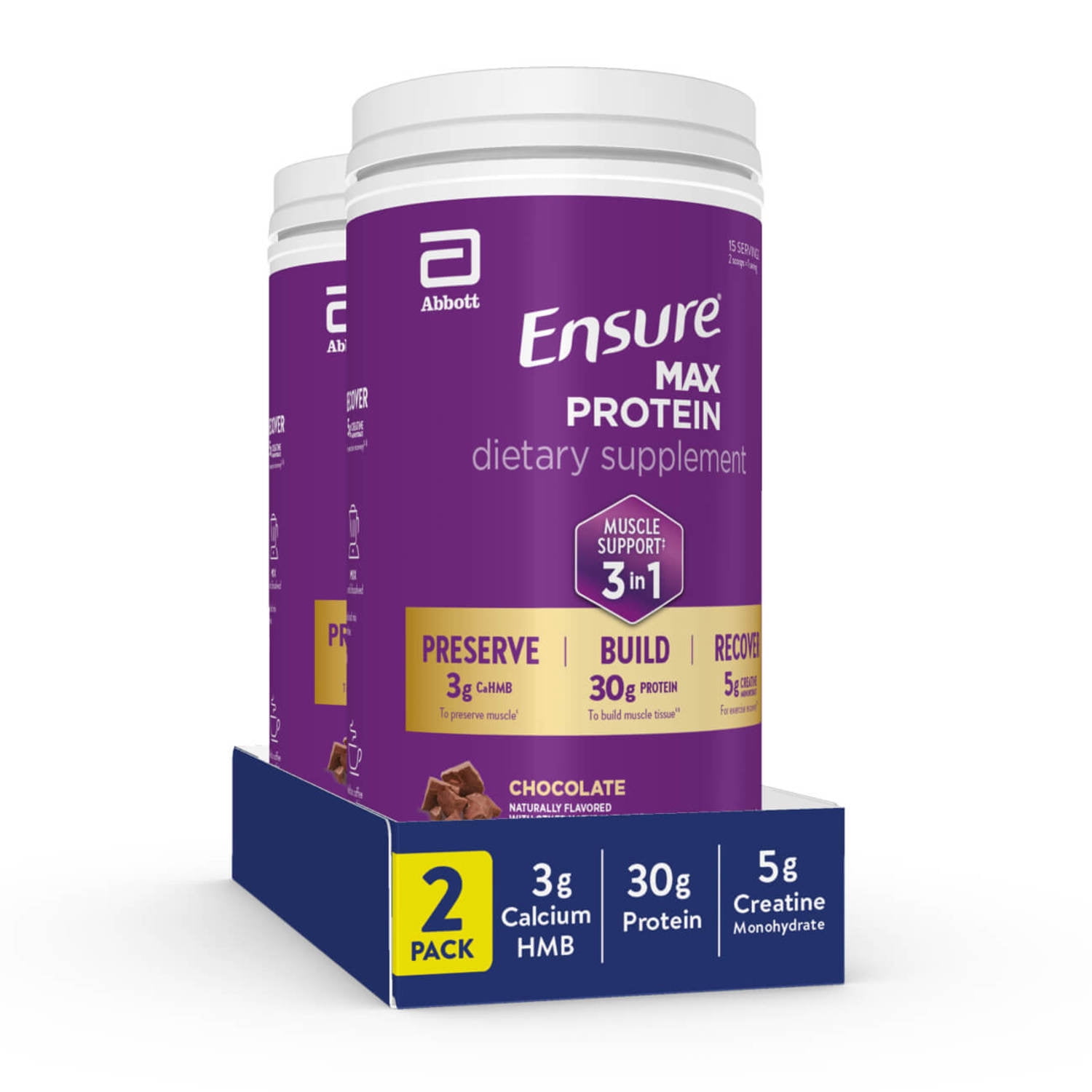 Ensure Max 3-in-1 Powder, Muscle Support, 30g Protein, Creatine, HMB, Chocolate, 2 Pack