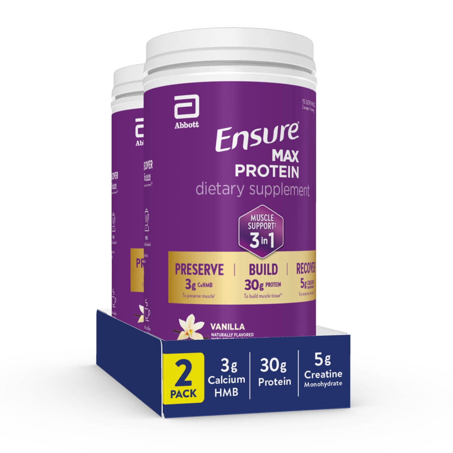 Ensure Max Protein 3-in-1 Protein Powder, Muscle Support*, 30g Protein, Creatine, HMB, Vanilla, 25.9oz, 2 Pack