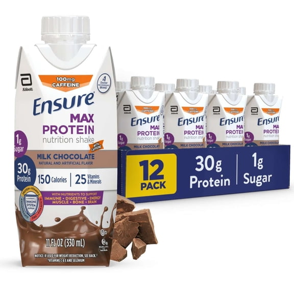 Ensure Max Protein Shake, 30g Protein, Milk Chocolate with Caffeine, 11 fl oz, 12 Pack
