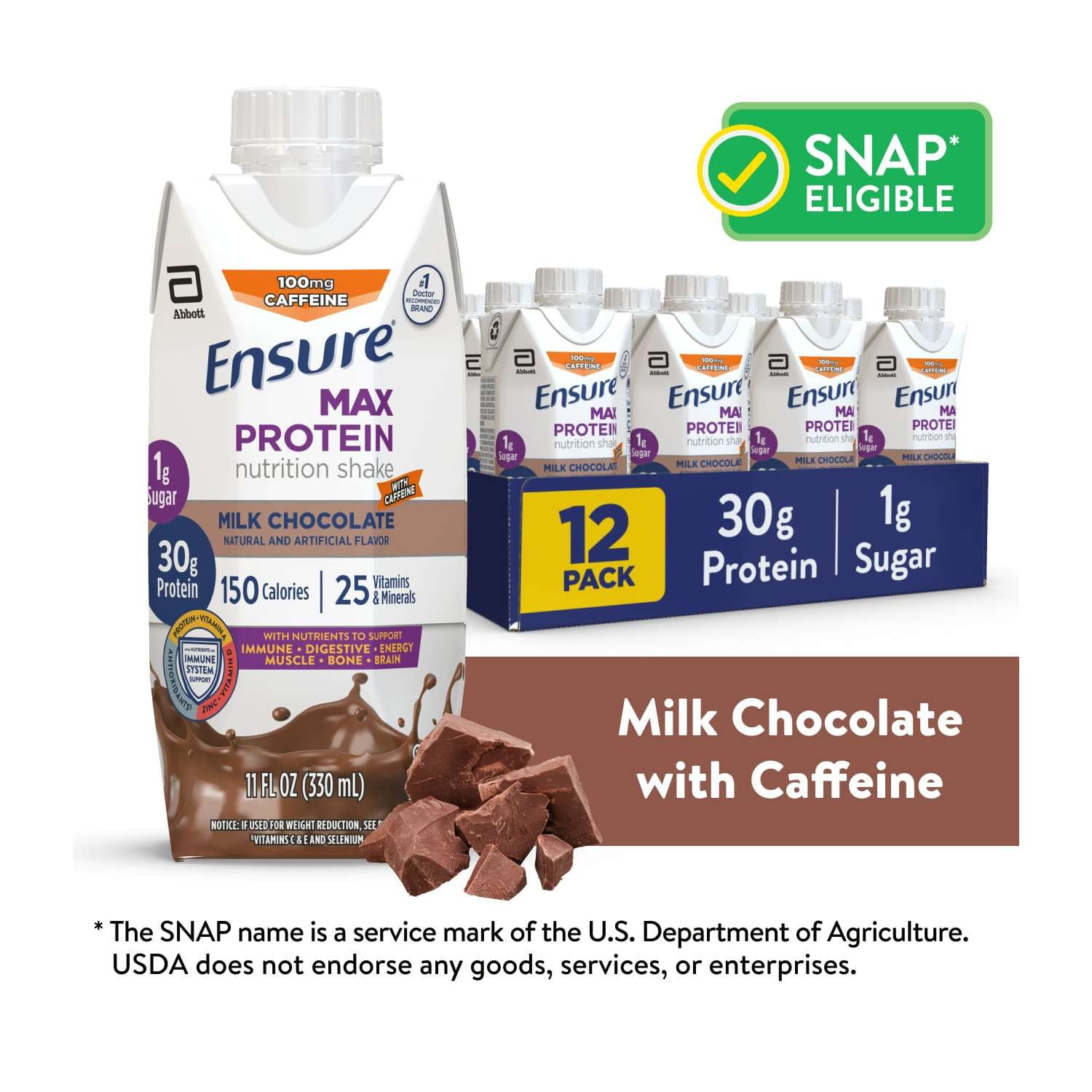 Ensure Max Protein Shake, 30g Protein, Milk Chocolate with Caffeine, 11 fl oz, 12 Pack