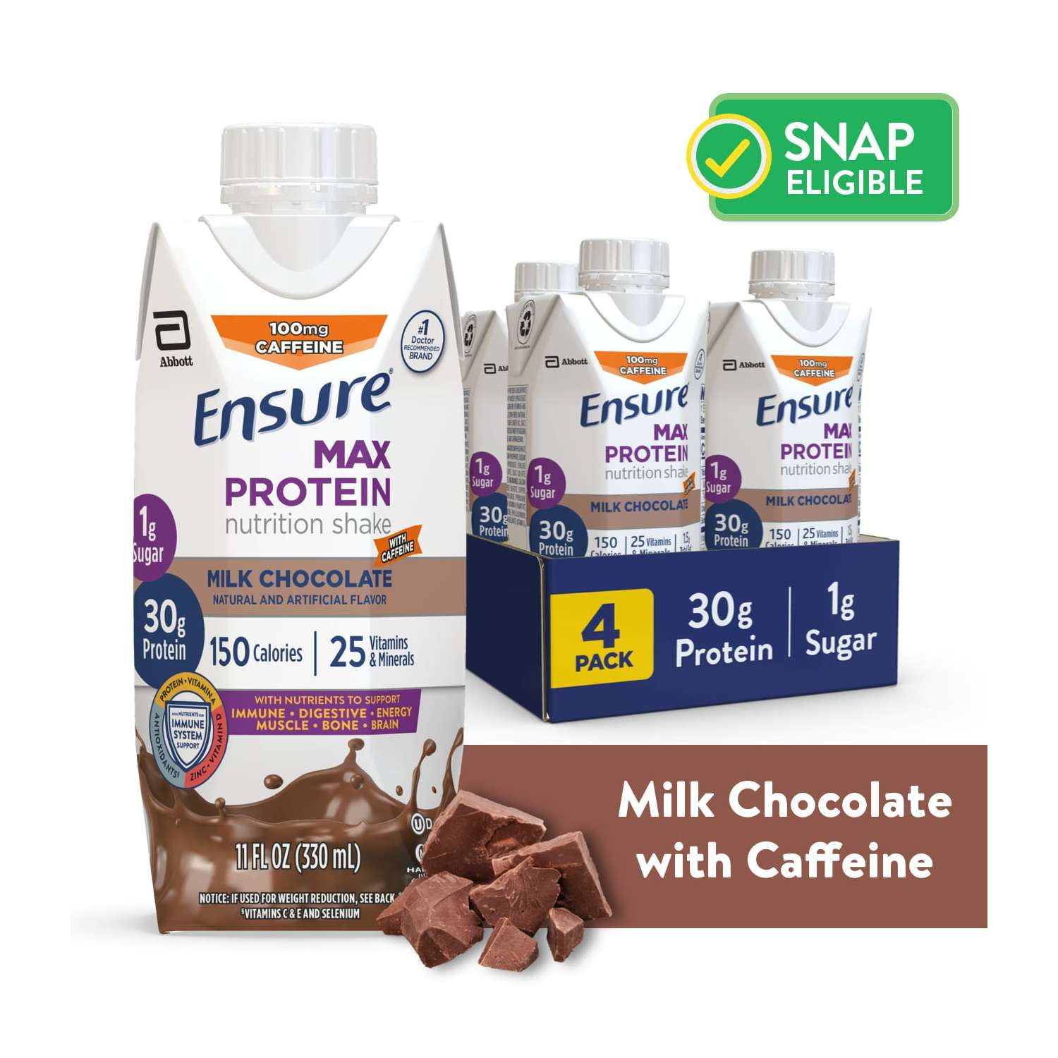 Ensure Max Protein Nutrition Shake, Milk Chocolate with Caffeine, 11 fl oz, 4 Count