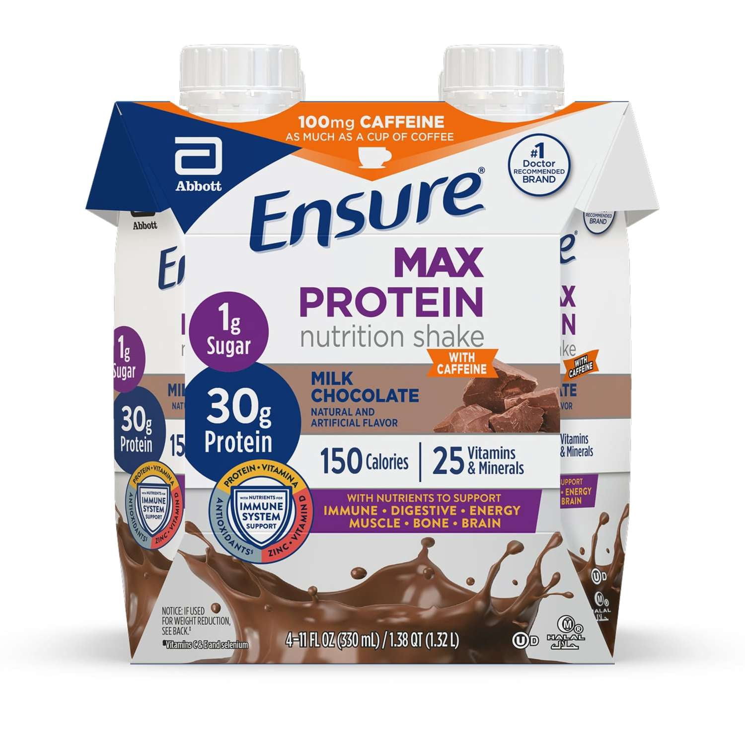 Ensure Max Protein Nutrition Shake, Milk Chocolate with Caffeine, 11 fl oz, 4 Count