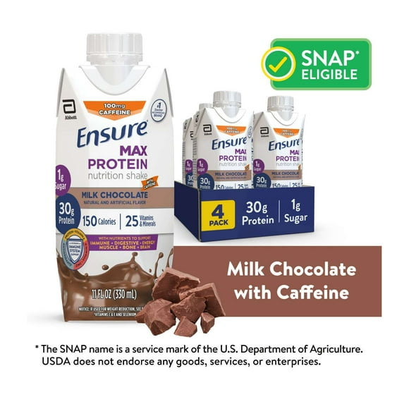 Ensure Max Protein Nutrition Shake, Milk Chocolate with Caffeine, 11 fl oz, 4 Count