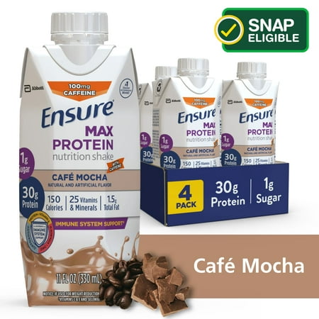 Ensure Max Protein Nutrition Shake, with 30g of High-Quality Protein, 1g of Sugar, High Protein Shake, Cafe Mocha, 11 fl oz, 4 Count