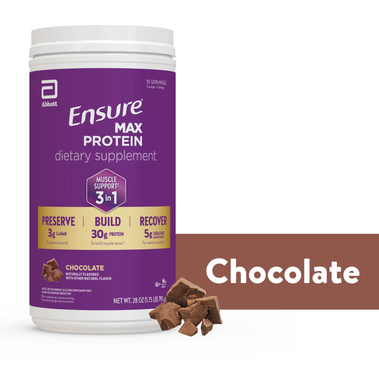 Ensure Max Protein Powder, 3-in-1 Muscle Support*, 30g Protein, Creatine, HMB, Chocolate, 28oz