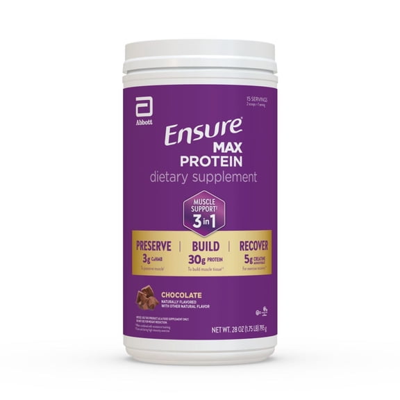Ensure Max Protein 3-in-1 Protein Powder, Muscle Support, 30g Protein, Creatine, HMB, Chocolate
