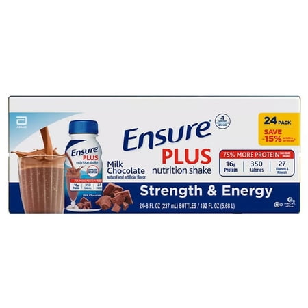 Ensure Plus Chocolate Nutrition Drinks, Liquid, 16g Protein 24 Pack 8 Fluid Ounces.