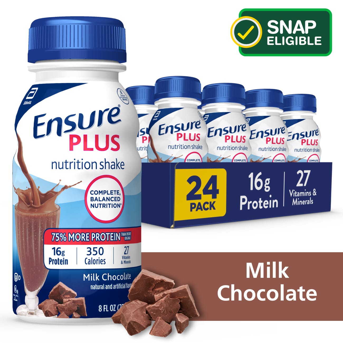 Ensure Plus Meal Replacement Nutrition Shake, Milk Chocolate, 8 fl oz, 24 Count - image 1 of 14