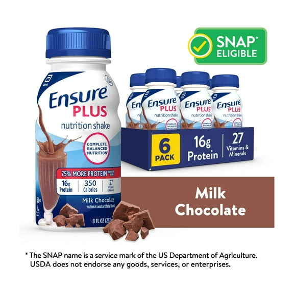 Ensure Plus Meal Replacement Nutrition Shake, Milk Chocolate, 16g Protein, 8 fl oz - 6 Pack