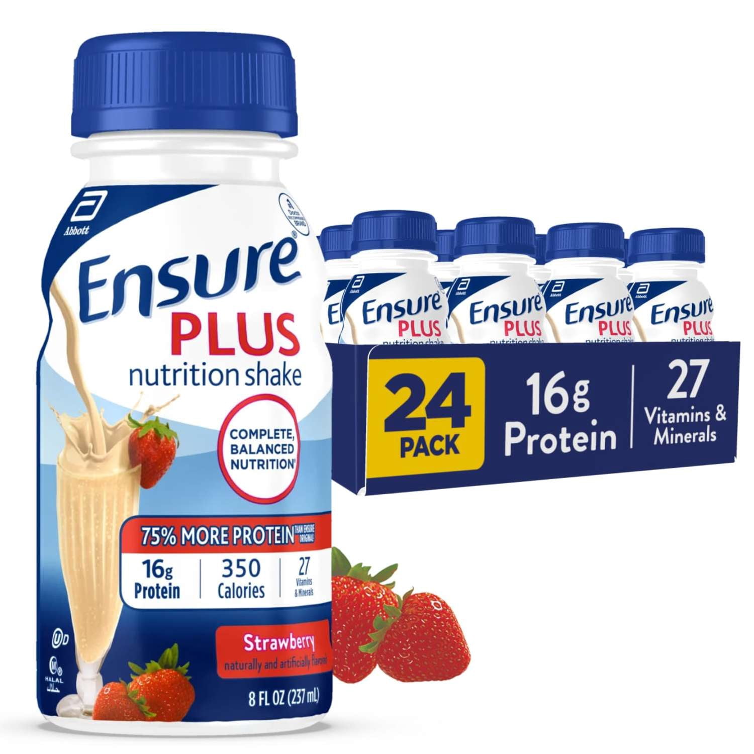 Ensure Plus Meal Replacement Nutrition Shake, Strawberry, 16g Protein, 8 fl oz - 24 Pack