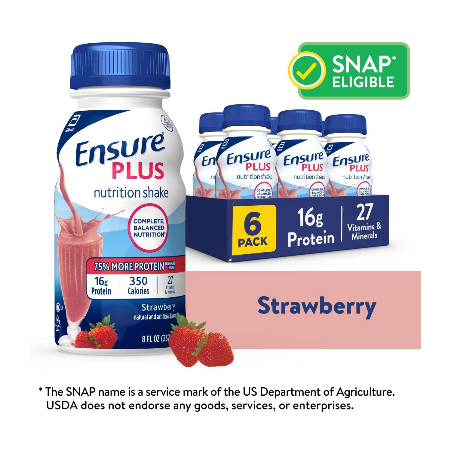 Ensure Plus Meal Replacement Nutrition Shake, Strawberry, 16g Protein, 8 fl oz - 6 Pack
