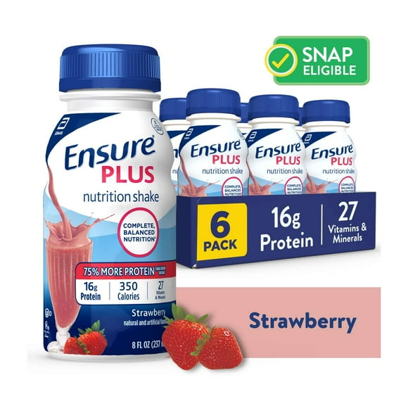 Ensure Plus Meal Replacement Nutrition Shake, Strawberry, Ready to Drink, 8 fl oz, 6 Pack