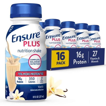 Ensure Plus Meal Replacement Nutrition Shake, Vanilla, 16g Protein, 8 fl oz - 16 Pack