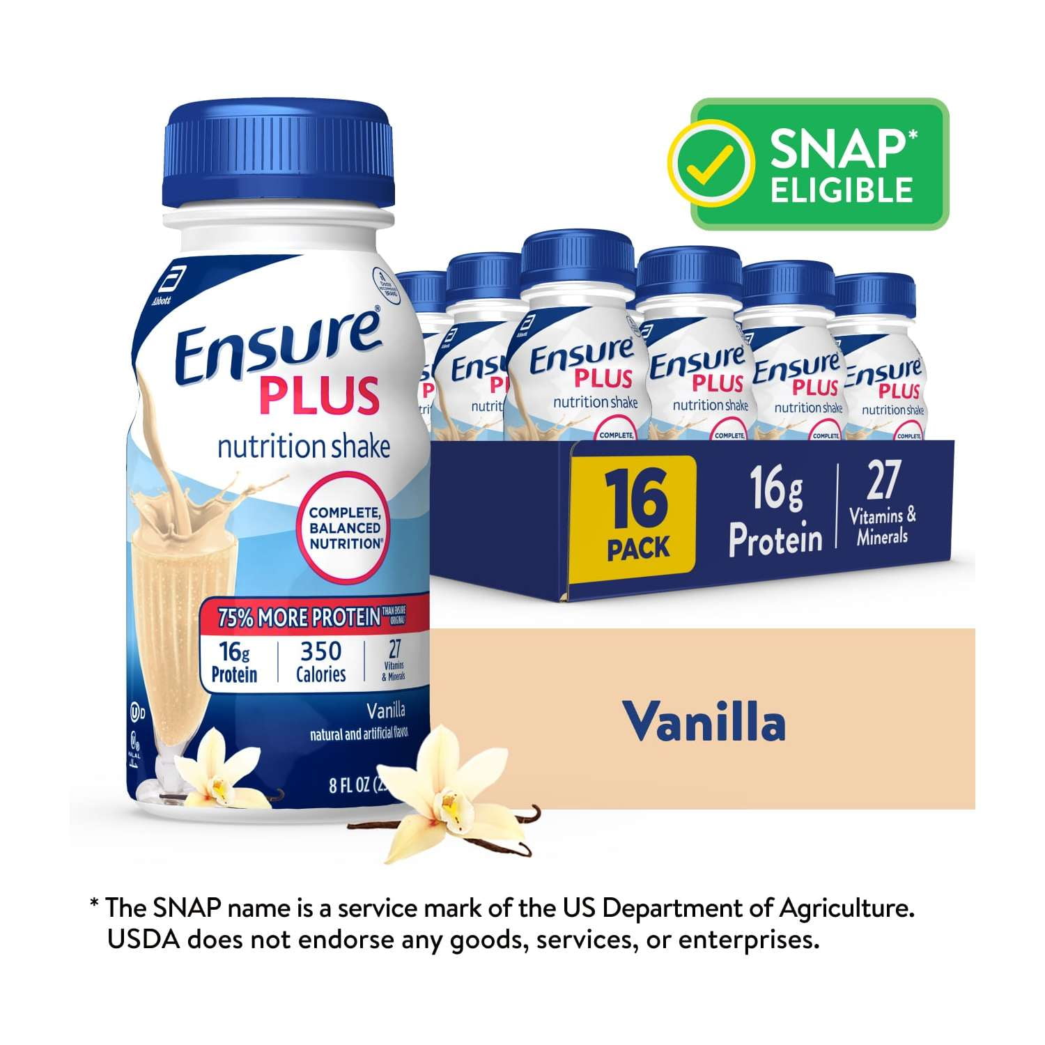 Ensure Plus Meal Replacement Nutrition Shake, Vanilla, 16g Protein, 8 fl oz - 16 Pack