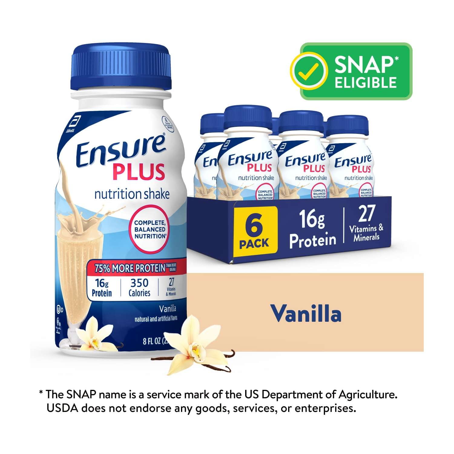 Ensure Plus Meal Replacement Nutrition Shake, Vanilla, 16g Protein, 8 fl oz - 6 Pack